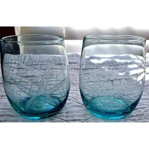 Unbranded Set Of 2 Stemless Wine Glasses Etched Starfish and Sea Turtle
